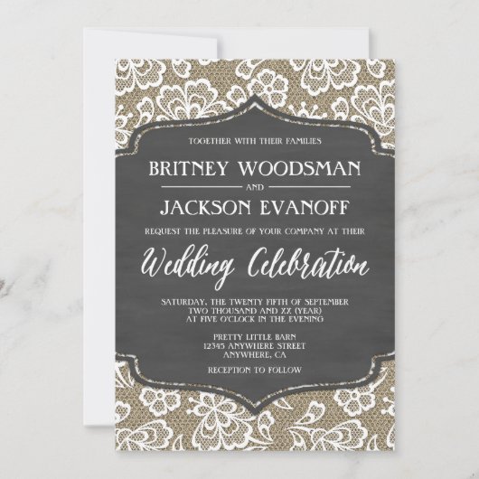 Chalkboard Burlap en Lace Wedding Invitations Kaart (Voorkant)