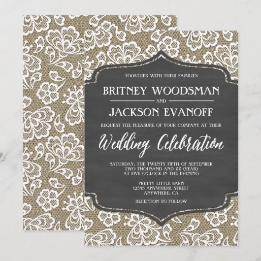 Chalkboard Burlap en Lace Wedding Invitations Kaart (Voorkant / Achterkant)
