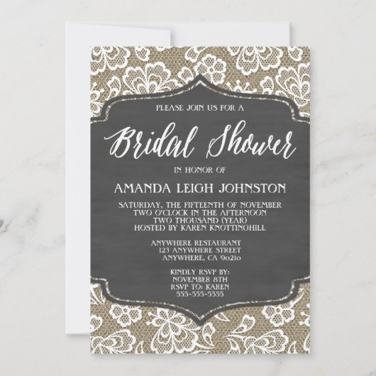 Chalkboard Burlap & Lace Bridal Shower Invitations Kaart (Voorkant)