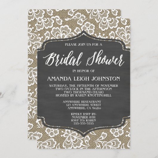 Chalkboard Burlap & Lace Bridal Shower Invitations Kaart (Voorkant / Achterkant)
