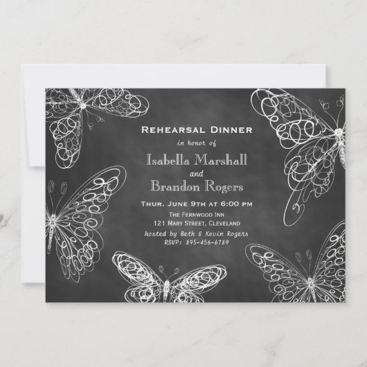 Chalkboard Butterflies Rehearsal Dinner Invitation Kaart (Voorkant)
