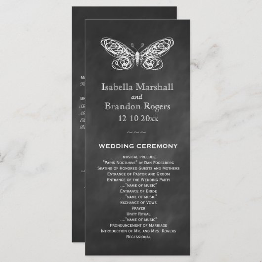 Chalkboard Butterflies Wedding Program Programmakaart (Voorkant / Achterkant)