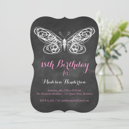 Chalkboard Butterfly 18th Birthday Invitation Kaart (Staand voorkant)