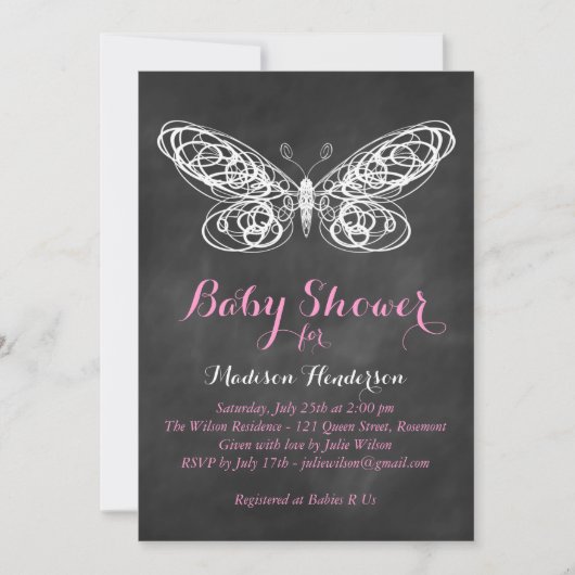 Chalkboard Butterfly Baby shower Invitation - roze Kaart (Voorkant)