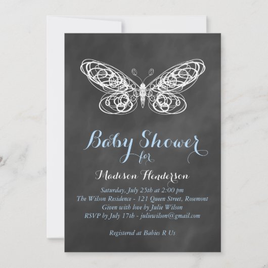 Chalkboard Butterfly Baby shower Uitnodiging - bla (Voorkant)