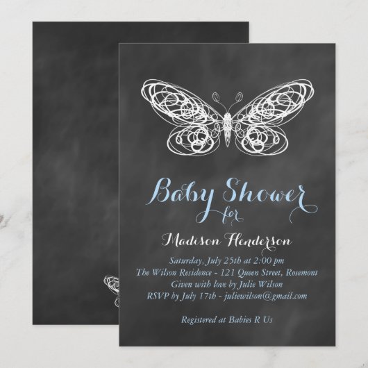 Chalkboard Butterfly Baby shower Uitnodiging - bla (Voorkant / Achterkant)