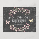 Chalkboard Butterfly & Flowers Save the Date Aankondigingskaart (Voorkant)