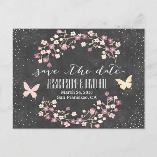 Chalkboard Butterfly & Flowers Save the Date Aankondigingskaart (Voorkant)