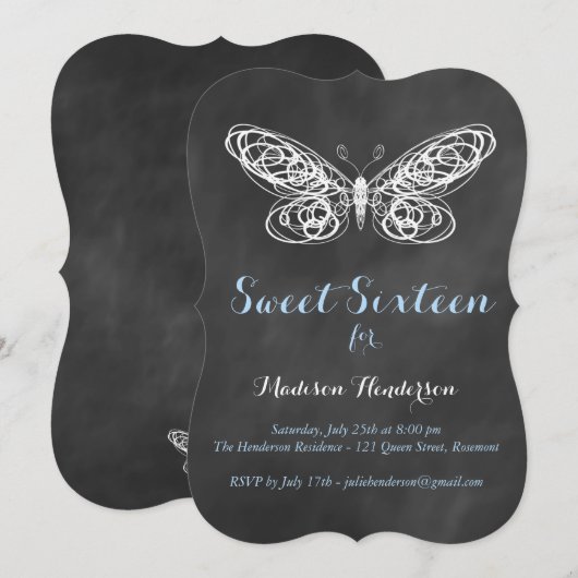 Chalkboard Butterfly Sweet Sixteen Uitnodiging (Voorkant / Achterkant)
