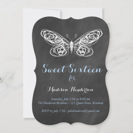Chalkboard Butterfly Sweet Sixteen Uitnodiging (Voorkant)