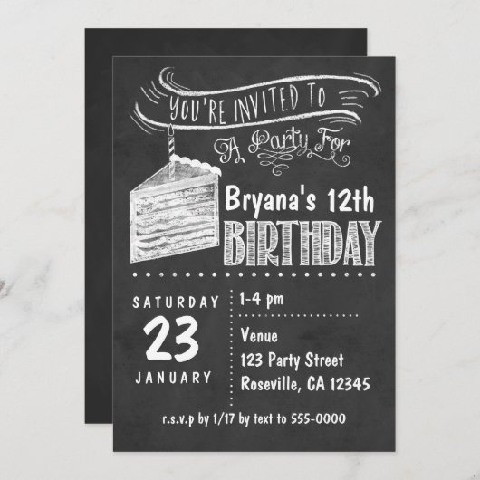 Chalkboard Cake Slice Verjaardagsfeestuitnodiginge Kaart (Voorkant / Achterkant)