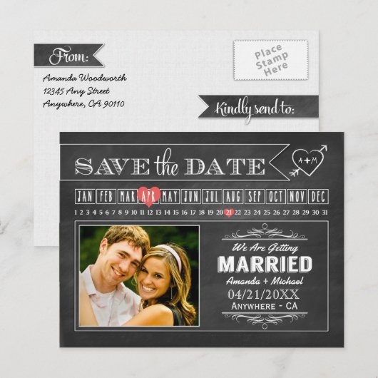 Chalkboard Calendar Photo Save the Date Cards Aankondigingskaart (Voorkant / Achterkant)
