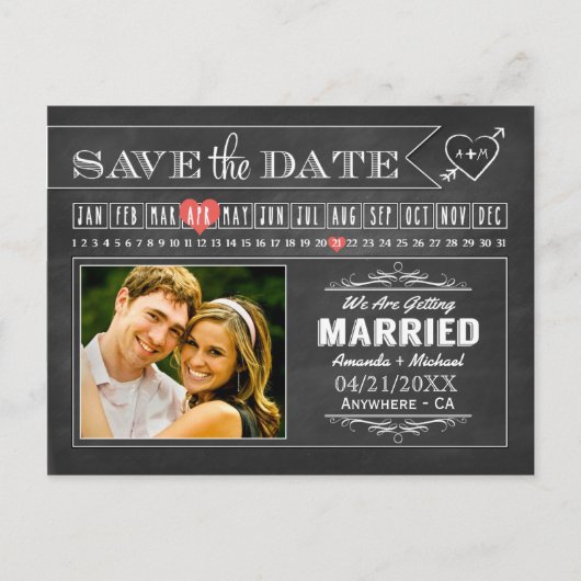 Chalkboard Calendar Photo Save the Date Cards Aankondigingskaart (Voorkant)