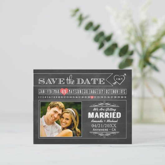 Chalkboard Calendar Photo Save the Date Cards Aankondigingskaart (Staand voorkant)