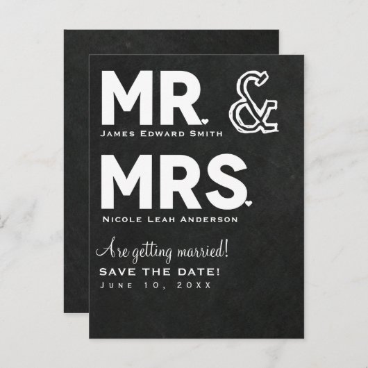 Chalkboard Chalk Mr. & Mrs. Wedding Save the Date Aankondigingskaart (Voorkant / Achterkant)