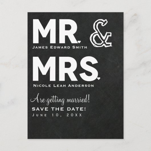 Chalkboard Chalk Mr. & Mrs. Wedding Save the Date Aankondigingskaart (Voorkant)
