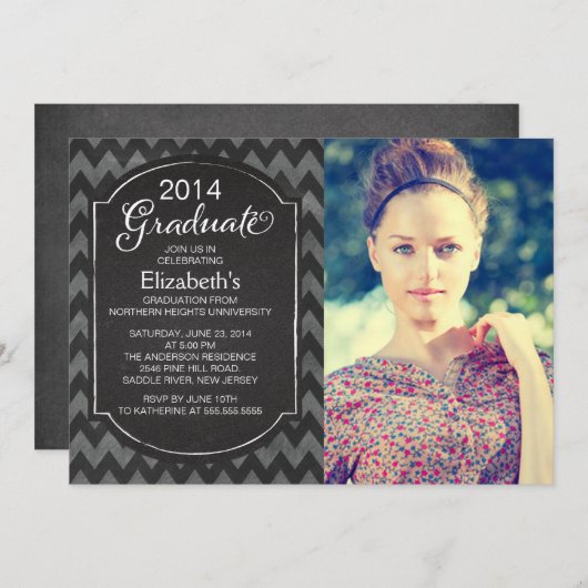 Chalkboard Chevron Photo Gradution Party Invite Kaart (Voorkant / Achterkant)