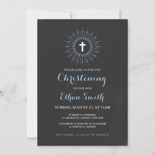 Chalkboard Christening/Baptism Uitnodiging - Blauw (Voorkant)