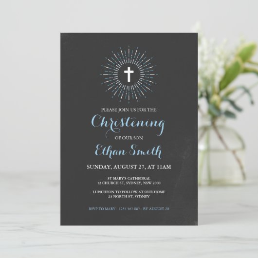 Chalkboard Christening/Baptism Uitnodiging - Blauw (Staand voorkant)