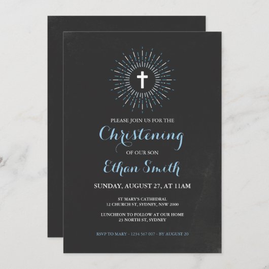 Chalkboard Christening/Baptism Uitnodiging - Blauw (Voorkant / Achterkant)