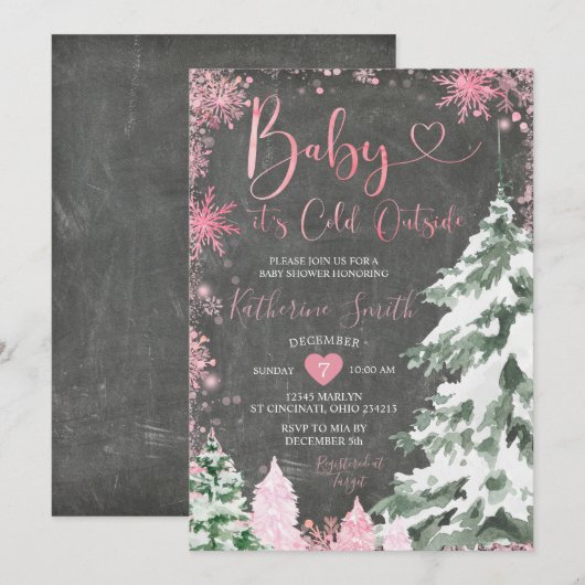 Chalkboard Cold Baby shower Forest Pink Snowflakes Kaart (Voorkant / Achterkant)