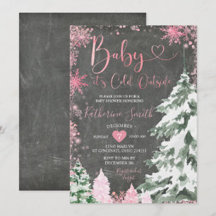 Chalkboard Cold Baby shower Forest Pink Snowflakes Kaart