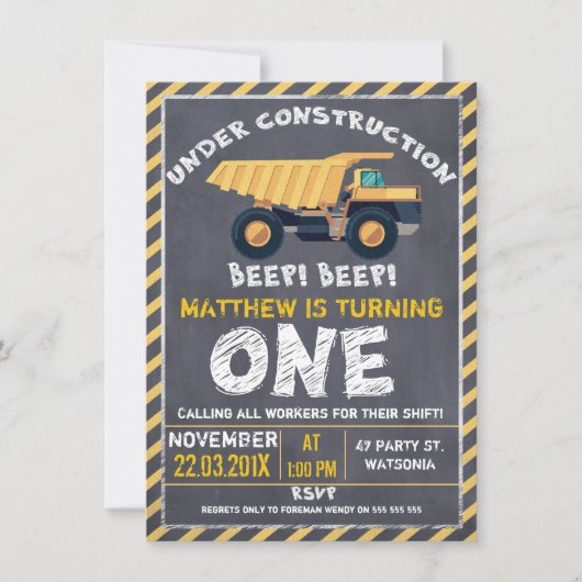 Chalkboard Construction 1st Birthday Invitation Kaart (Voorkant)