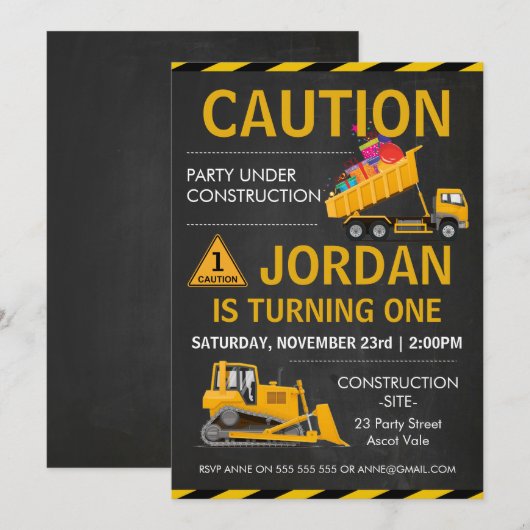 Chalkboard Construction Birthday Party RSVP Kaart (Voorkant / Achterkant)