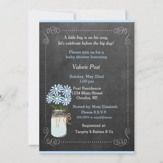 Chalkboard Country Mason Jar Blue Flowers Baby Kaart (Voorkant)