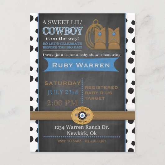 Chalkboard Cowboy Baby shower Uitnodiging (Voorkant)