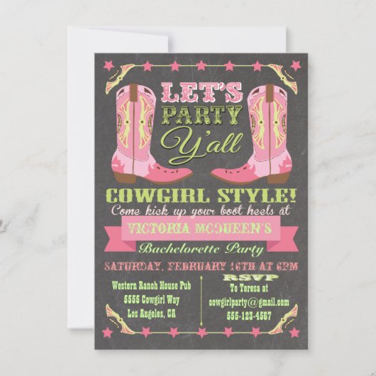 Chalkboard Cowgirl Western vrijgezellenfeest Kaart (Voorkant)