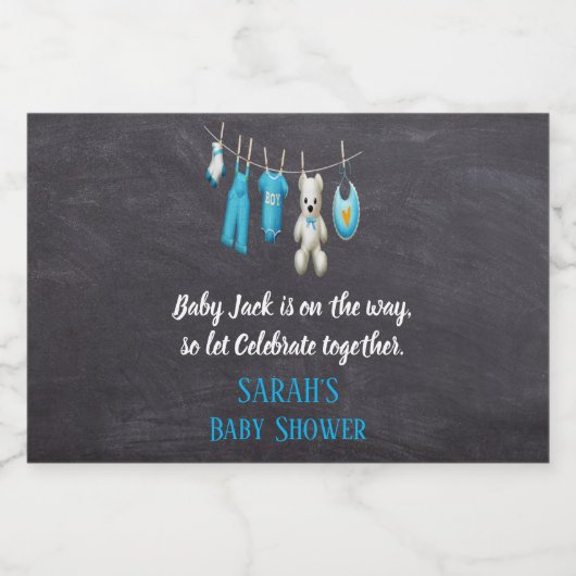 Chalkboard Cute Blue Boy Baby shower Sparkling Wijnetiket (Enkel label)