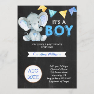 Chalkboard Cute Elephant Boy Baby shower Kaart