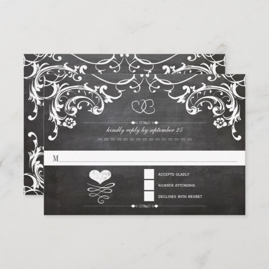 Chalkboard Cute Heart Initialen Typografie RSVP (Voorkant / Achterkant)