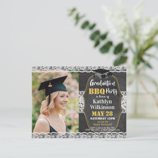 Chalkboard Cute Lace 2 Photo Afstuderen Invitation Briefkaart (Staand voorkant)