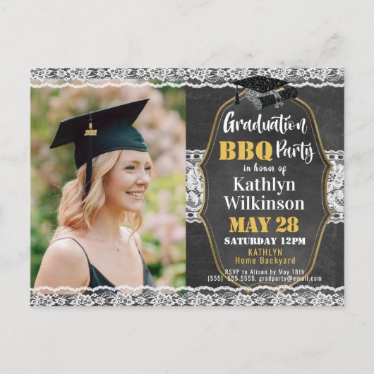 Chalkboard Cute Lace 2 Photo Afstuderen Invitation Briefkaart (Voorkant)