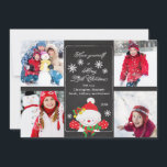 Chalkboard Cute Snowman 4 Foto Wenskaart Feestdagenkaart<br><div class="desc">Populaire en trendy kerstfeestfoto's wenskaart voor vier familiefoto's met een schattige sneeuwman met een rood pet en rode wanten omringd door verspreide sneeuwvlokken op een stijlvol,  chic & trendy zwart bord.  Kute vrolijke kerstkaart om je mooie familie te laten zien waar je kinderen van zullen houden!</div>