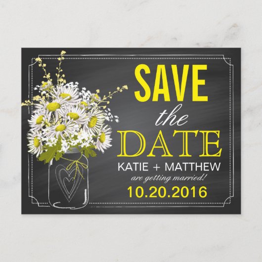 Chalkboard Daisy Modern Rustic Save the Date Aankondigingskaart (Voorkant)