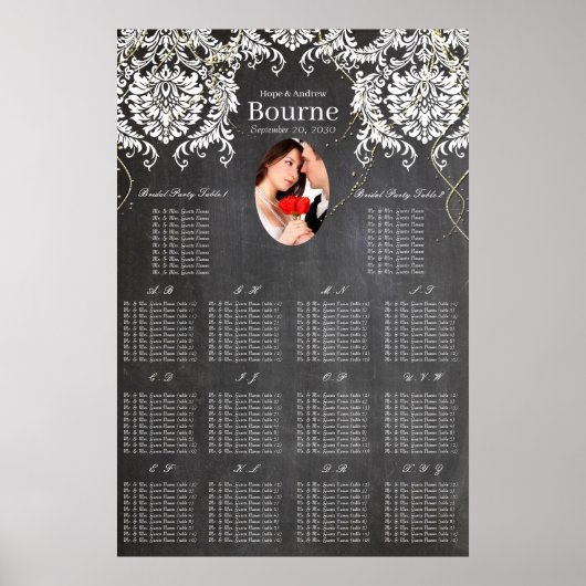 Chalkboard Damask Photo Wedding Seating Chart Poster (Voorkant)