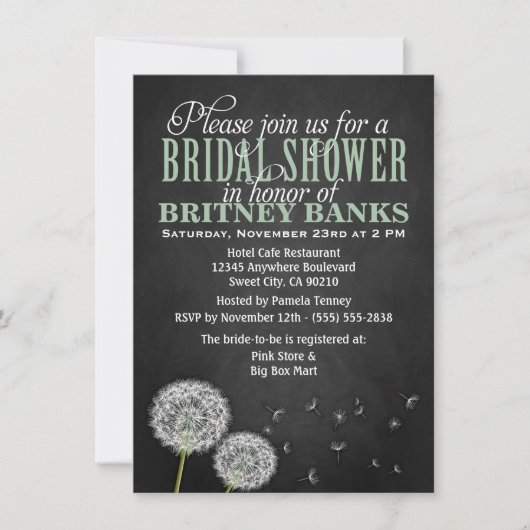 Chalkboard Dandelion Bridal Shower Invitations Kaart (Voorkant)