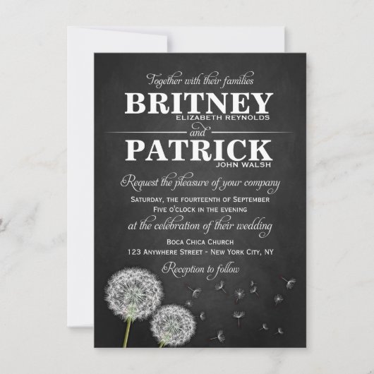 Chalkboard Dandelion Vintage Wedding Invitations Kaart (Voorkant)