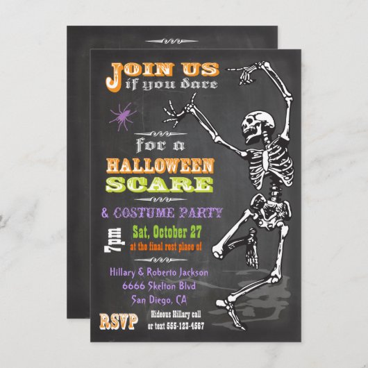 Chalkboard danserend Skeleton Halloween Party Invi Kaart (Voorkant / Achterkant)