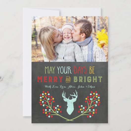 Chalkboard Deer Antlers Floral kerstkaarten Feestdagenkaart (Voorkant)