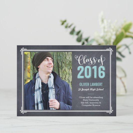 Chalkboard Delight Afstuderen Announcement Blue Aankondiging (Staand voorkant)