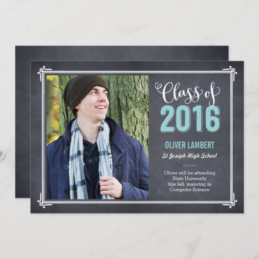 Chalkboard Delight Afstuderen Announcement Blue Aankondiging (Voorkant / Achterkant)