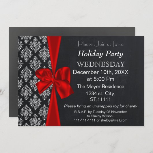 Chalkboard demask red bow Holiday party Uitnodigin Kaart (Voorkant / Achterkant)