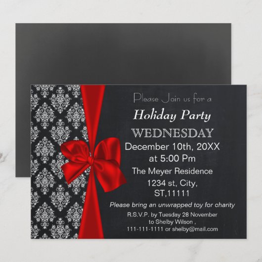 Chalkboard demask red bow Holiday party Uitnodigin Kaart (Voorkant / Achterkant)