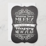 Chalkboard die je vrolijk kerstfeest geeft kaart<br><div class="desc">..en een gelukkig nieuw jaar! Nieuw modern  landontwerp,  donkergrijze achtergrond met witte letters en decoratieve elementen.</div>