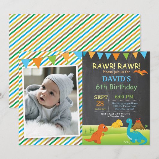 Chalkboard Dinosaur Birthday Invitation Dino Party Kaart (Voorkant / Achterkant)