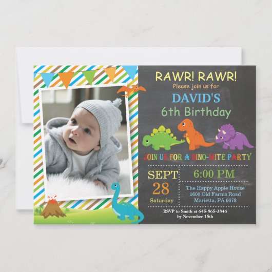 Chalkboard Dinosaur Birthday Invitation Dino Party Kaart (Voorkant)